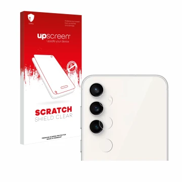 Parte frontal de un envase de producto con el logotipo de la marca upscreen. Al lado se muestra el dispositivo Samsung Galaxy 