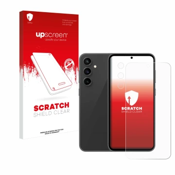 Parte frontal de un envase de producto con el logotipo de la marca upscreen. Al lado se muestra el dispositivo Samsung Galaxy 