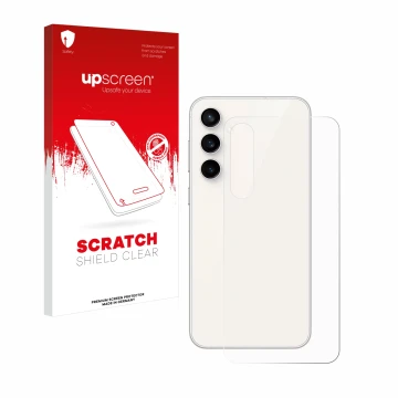 Parte frontal de un envase de producto con el logotipo de la marca upscreen. Al lado se muestra el dispositivo Samsung Galaxy 