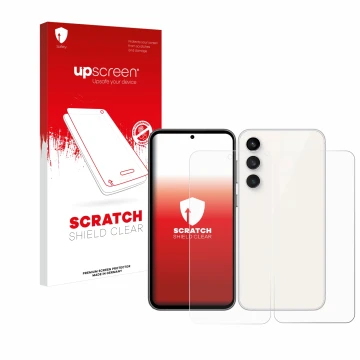 Parte frontal de un envase de producto con el logotipo de la marca upscreen. Al lado se muestra el dispositivo Samsung Galaxy 