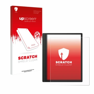Parte frontal de un envase de producto con el logotipo de la marca upscreen. Al lado se muestra el dispositivo Boox Tab Ultra 