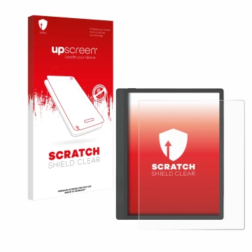 Parte frontal de un envase de producto con el logotipo de la marca upscreen. Al lado se muestra el dispositivo Boox Tab Ultra 