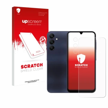 Parte frontal de un envase de producto con el logotipo de la marca upscreen. Al lado se muestra el dispositivo Samsung Galaxy 