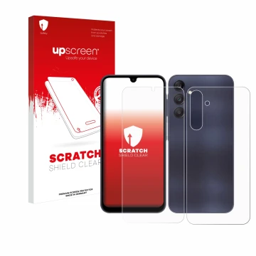 Parte frontal de un envase de producto con el logotipo de la marca upscreen. Al lado se muestra el dispositivo Samsung Galaxy 