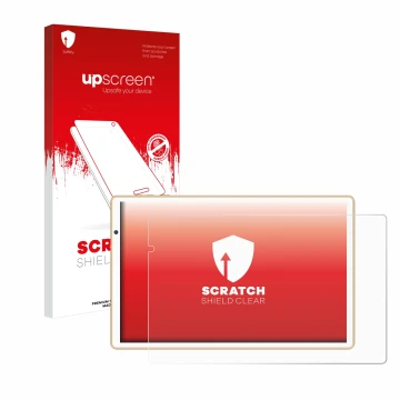 Parte frontal de un envase de producto con el logotipo de la marca upscreen. Al lado se muestra el dispositivo Facetel Q3 con 