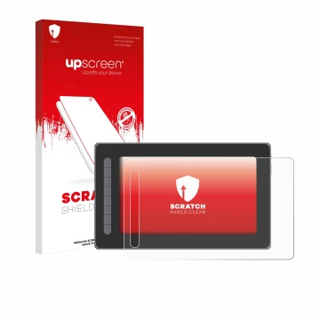 Parte frontal de un envase de producto con el logotipo de la marca upscreen. Al lado se muestra el dispositivo XP-Pen Artist 1