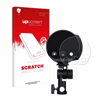 Parte frontal de un envase de producto con el logotipo de la marca upscreen. Al lado se muestra el dispositivo Profoto B10X co