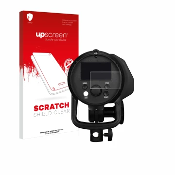 Parte frontal de un envase de producto con el logotipo de la marca upscreen. Al lado se muestra el dispositivo Profoto B1X con
