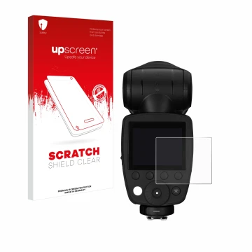 Parte frontal de un envase de producto con el logotipo de la marca upscreen. Al lado se muestra el dispositivo Profoto A10 con