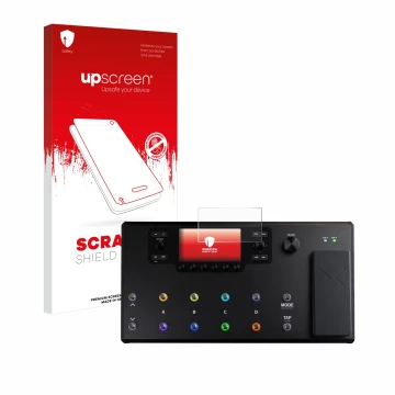 Parte frontal de un envase de producto con el logotipo de la marca upscreen. Al lado se muestra el dispositivo Line 6 Helix LT