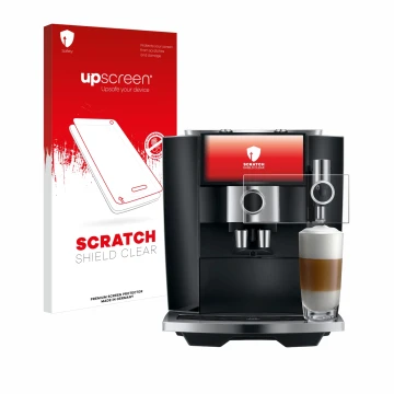 Parte frontal de un envase de producto con el logotipo de la marca upscreen. Al lado se muestra el dispositivo Jura J8 twin co