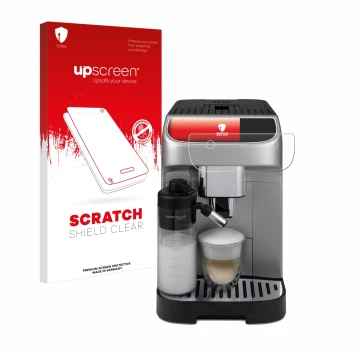Parte frontal de un envase de producto con el logotipo de la marca upscreen. Al lado se muestra el dispositivo DeLonghi Magnif
