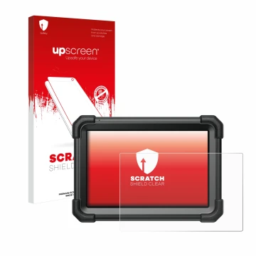 Parte frontal de un envase de producto con el logotipo de la marca upscreen. Al lado se muestra el dispositivo Launch X-431 Pr