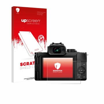 Parte frontal de un envase de producto con el logotipo de la marca upscreen. Al lado se muestra el dispositivo Panasonic Lumix