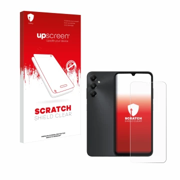Parte frontal de un envase de producto con el logotipo de la marca upscreen. Al lado se muestra el dispositivo Samsung Galaxy 