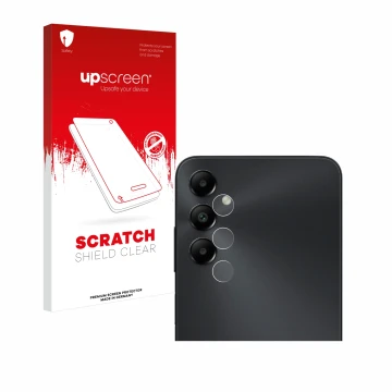 Parte frontal de un envase de producto con el logotipo de la marca upscreen. Al lado se muestra el dispositivo Samsung Galaxy 