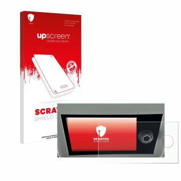 Parte frontal de un envase de producto con el logotipo de la marca upscreen. Al lado se muestra el dispositivo Volkswagen Cali