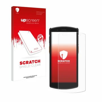 Parte frontal de un envase de producto con el logotipo de la marca upscreen. Al lado se muestra el dispositivo Urovo CT58 con 
