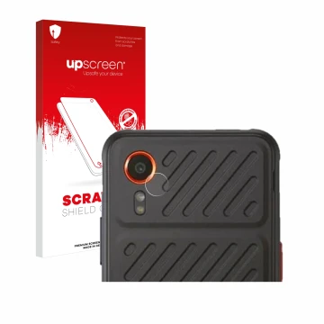 Parte frontal de un envase de producto con el logotipo de la marca upscreen. Al lado se muestra el dispositivo Samsung Galaxy 