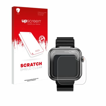 Parte frontal de un envase de producto con el logotipo de la marca upscreen. Al lado se muestra el dispositivo Vtech Kidizoom 