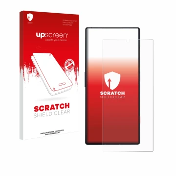 Parte frontal de un envase de producto con el logotipo de la marca upscreen. Al lado se muestra el dispositivo ZTE Nubia Red M