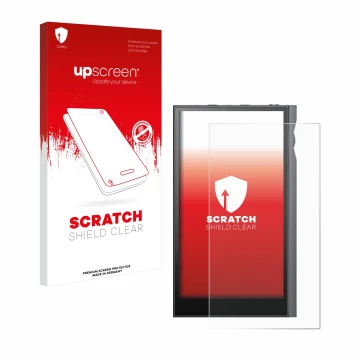 Parte frontal de un envase de producto con el logotipo de la marca upscreen. Al lado se muestra el dispositivo Astell&Kern Kan