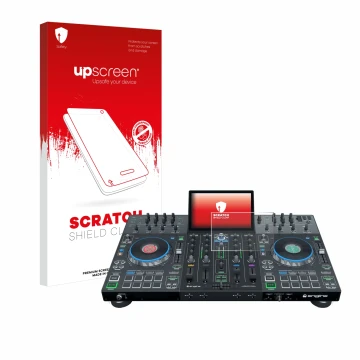 Parte frontal de un envase de producto con el logotipo de la marca upscreen. Al lado se muestra el dispositivo Denon DJ Prime 