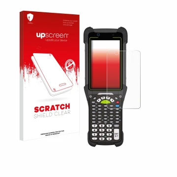 Parte frontal de un envase de producto con el logotipo de la marca upscreen. Al lado se muestra el dispositivo Zebra MC9400 co
