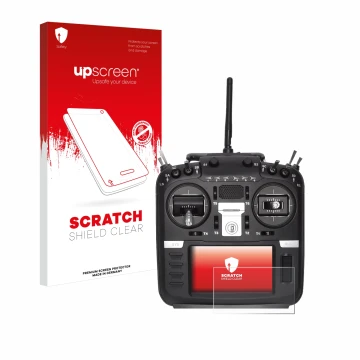 Parte frontal de un envase de producto con el logotipo de la marca upscreen. Al lado se muestra el dispositivo Radiomaster TX1