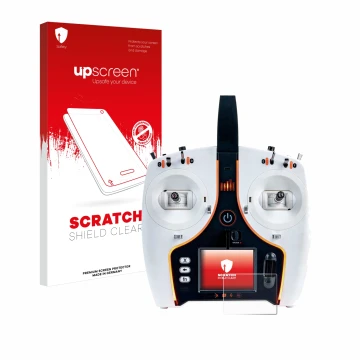Parte frontal de un envase de producto con el logotipo de la marca upscreen. Al lado se muestra el dispositivo Spektrum NX7e c
