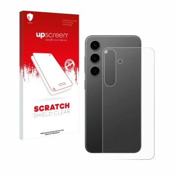 Parte frontal de un envase de producto con el logotipo de la marca upscreen. Al lado se muestra el dispositivo Samsung Galaxy 