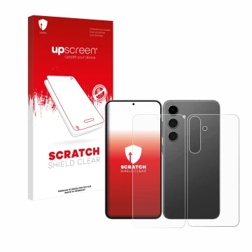 Parte frontal de un envase de producto con el logotipo de la marca upscreen. Al lado se muestra el dispositivo Samsung Galaxy 