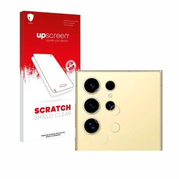 Parte frontal de un envase de producto con el logotipo de la marca upscreen. Al lado se muestra el dispositivo Samsung Galaxy 
