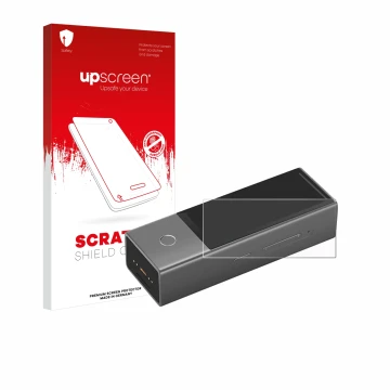 Parte frontal de un envase de producto con el logotipo de la marca upscreen. Al lado se muestra el dispositivo Timekettle X1 c