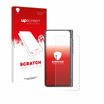 Parte frontal de un envase de producto con el logotipo de la marca upscreen. Al lado se muestra el dispositivo Timekettle Flue