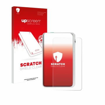Parte frontal de un envase de producto con el logotipo de la marca upscreen. Al lado se muestra el dispositivo Timekettle Flue