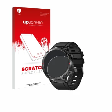 Parte frontal de un envase de producto con el logotipo de la marca upscreen. Al lado se muestra el dispositivo LIGE Smartwatch