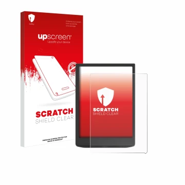 Parte frontal de un envase de producto con el logotipo de la marca upscreen. Al lado se muestra el dispositivo Vivlio InkPad 4