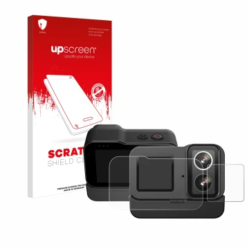Parte frontal de un envase de producto con el logotipo de la marca upscreen. Al lado se muestra el dispositivo SJCAM SJ20 Dual
