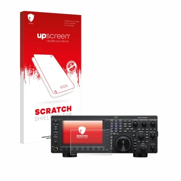 Parte frontal de un envase de producto con el logotipo de la marca upscreen. Al lado se muestra el dispositivo Kenwood TS-890S