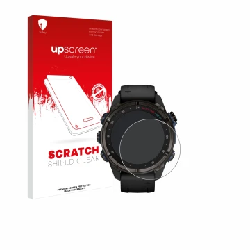 Parte frontal de un envase de producto con el logotipo de la marca upscreen. Al lado se muestra el dispositivo Garmin Descent 