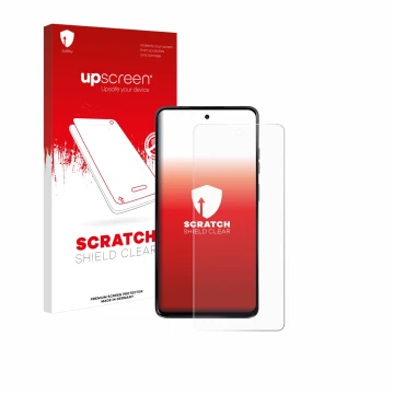 Parte frontal de un envase de producto con el logotipo de la marca upscreen. Al lado se muestra el dispositivo Motorola Moto G