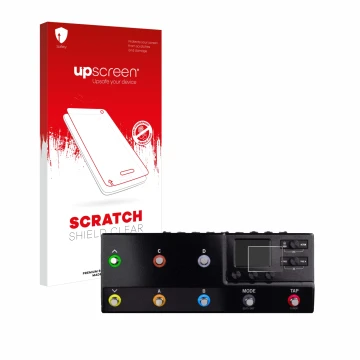 Parte frontal de un envase de producto con el logotipo de la marca upscreen. Al lado se muestra el dispositivo Line 6 hx stomp