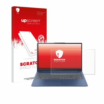 Parte frontal de un envase de producto con el logotipo de la marca upscreen. Al lado se muestra el dispositivo Lenovo IdeaPad 