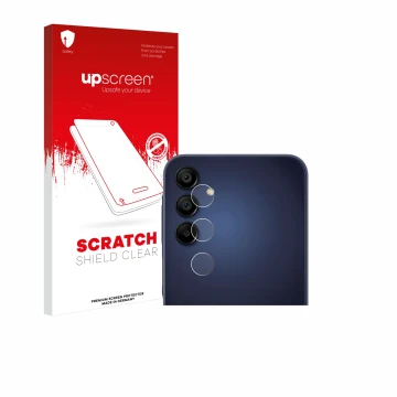 Parte frontal de un envase de producto con el logotipo de la marca upscreen. Al lado se muestra el dispositivo Samsung Galaxy 