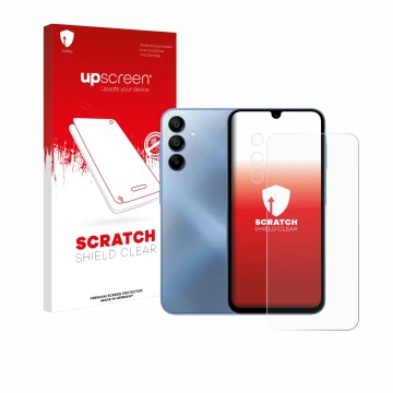 Parte frontal de un envase de producto con el logotipo de la marca upscreen. Al lado se muestra el dispositivo Samsung Galaxy 