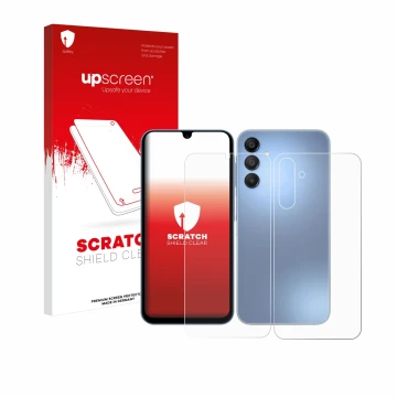 Parte frontal de un envase de producto con el logotipo de la marca upscreen. Al lado se muestra el dispositivo Samsung Galaxy 