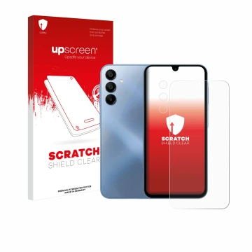 Parte frontal de un envase de producto con el logotipo de la marca upscreen. Al lado se muestra el dispositivo Samsung Galaxy 