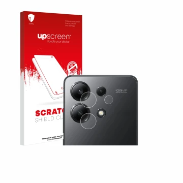 Parte frontal de un envase de producto con el logotipo de la marca upscreen. Al lado se muestra el dispositivo Xiaomi Redmi No