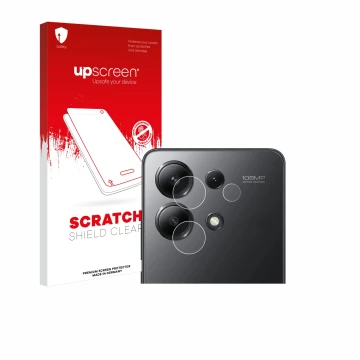 Parte frontal de un envase de producto con el logotipo de la marca upscreen. Al lado se muestra el dispositivo Xiaomi Redmi No